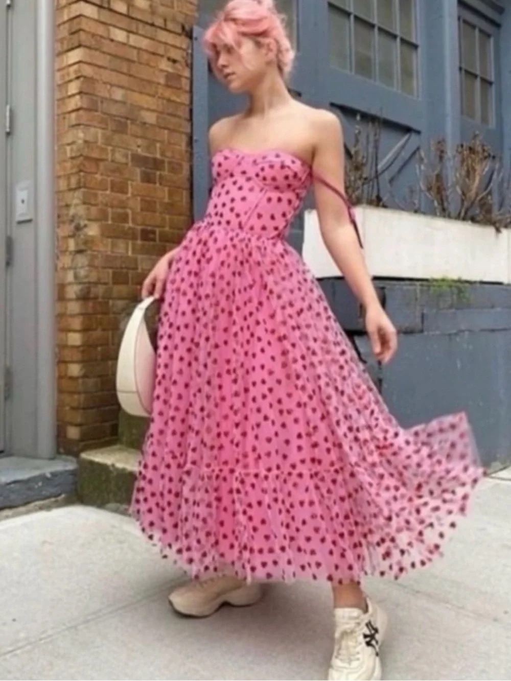 Betsey Johnson Pink Midi Dress with Red Heart Print - Picture 1 of 13